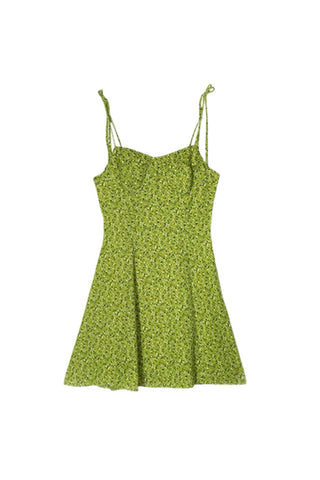 Sonicelife hoco dresses-V Neck Lime Floral Mini Dress