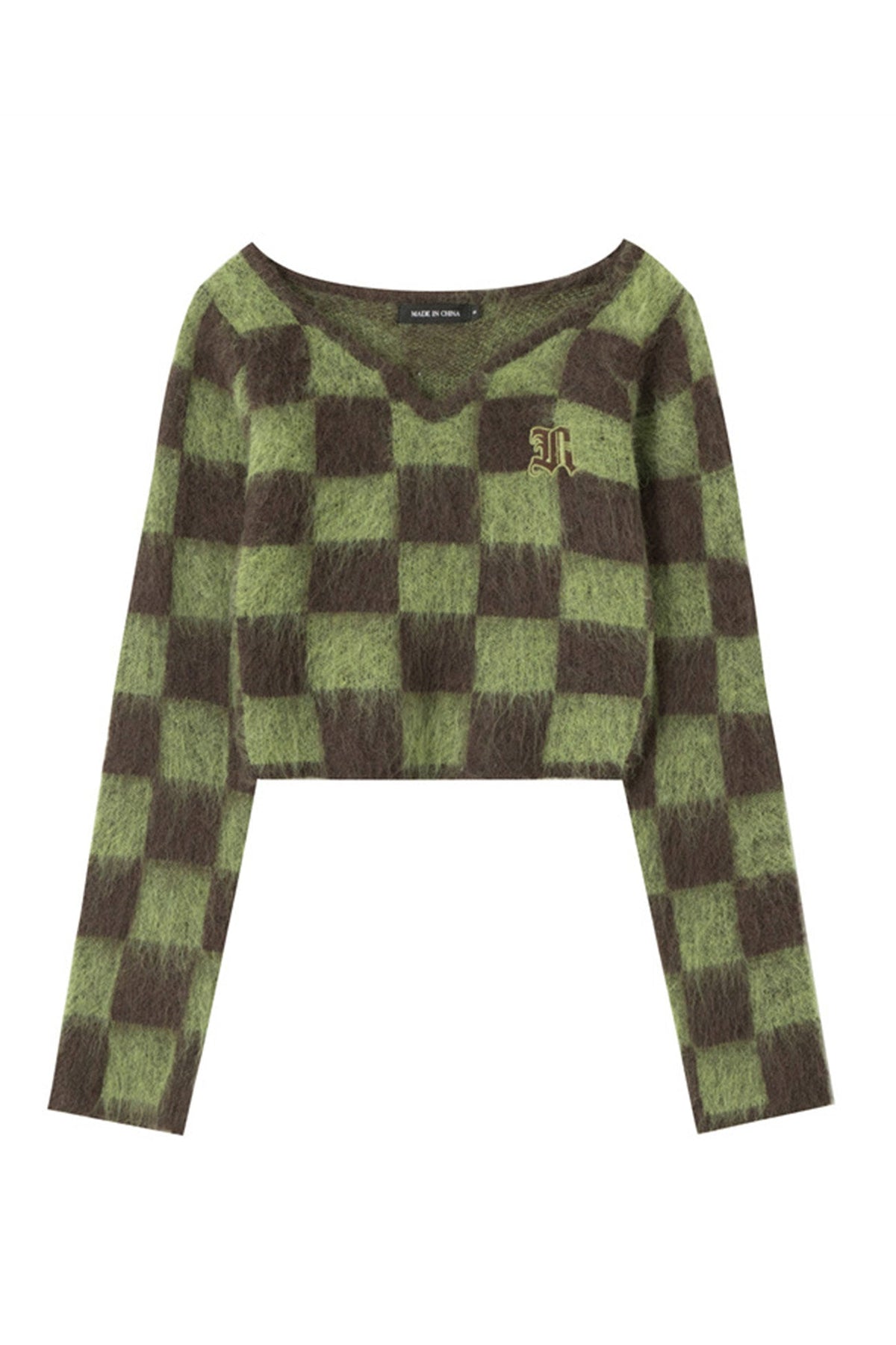 Sonicelife V Neck Mohair Checkerboard Sweater