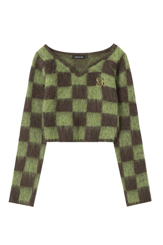 Sonicelife V Neck Mohair Checkerboard Sweater