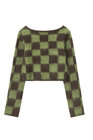 Sonicelife V Neck Mohair Checkerboard Sweater