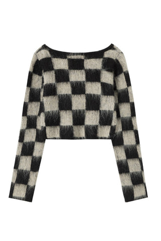 Sonicelife V Neck Mohair Checkerboard Sweater