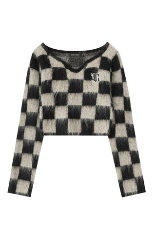 Sonicelife V Neck Mohair Checkerboard Sweater