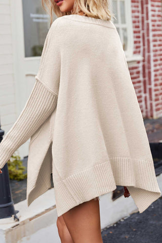 Sonicelife V Neck Side Slit Loose Pullover Sweater