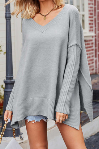 Sonicelife V Neck Side Slit Loose Pullover Sweater