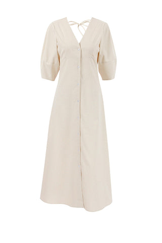 Sonicelife V Neck Single-breasted Cotton Linen A-line Dress