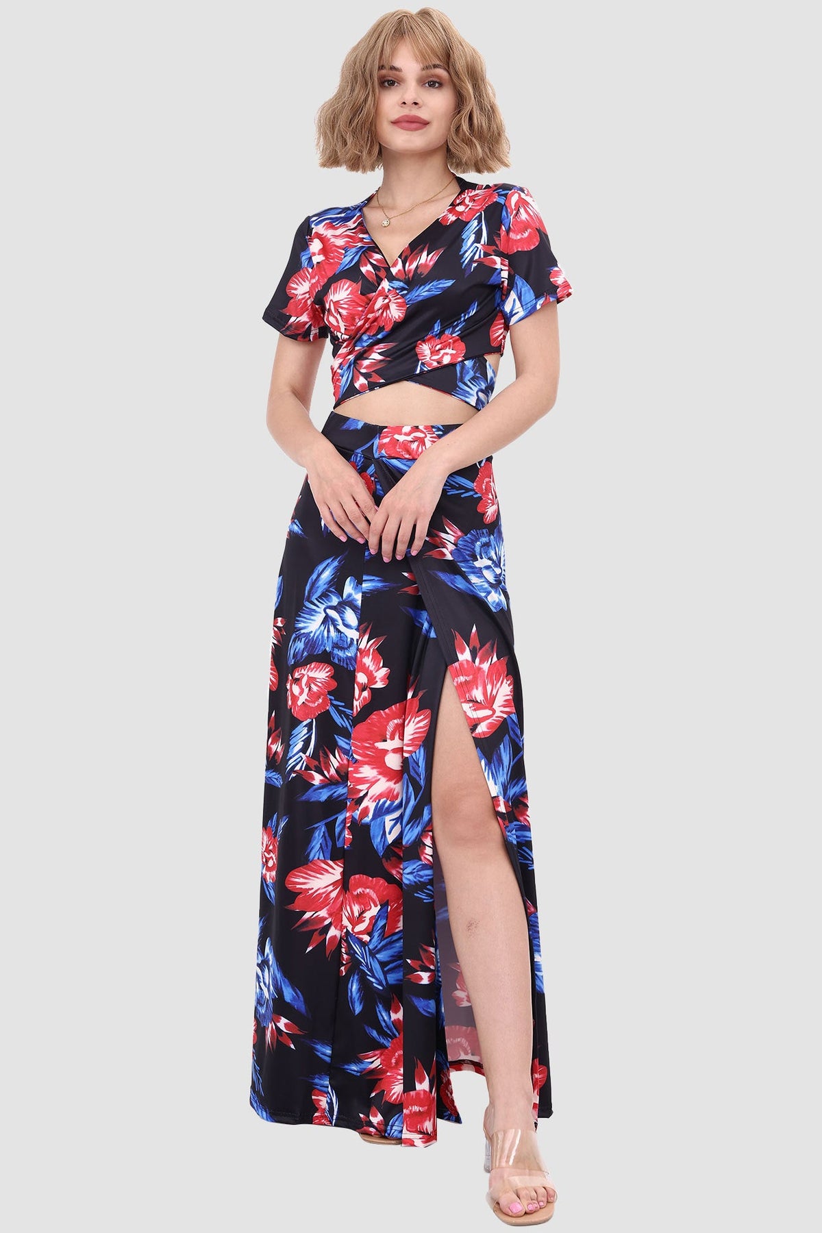 Sonicelife-V-neck Printed Waist-revealing Two-piece Dress