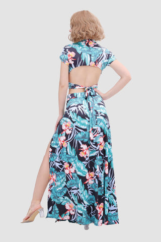 Sonicelife-V-neck Printed Waist-revealing Two-piece Dress