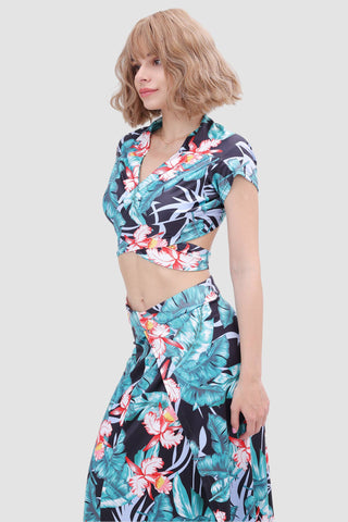 Sonicelife-V-neck Printed Waist-revealing Two-piece Dress