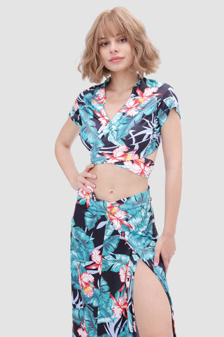 Sonicelife-V-neck Printed Waist-revealing Two-piece Dress