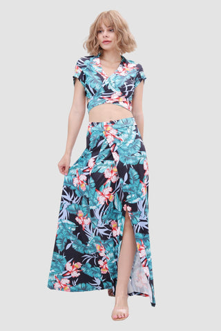Sonicelife-V-neck Printed Waist-revealing Two-piece Dress