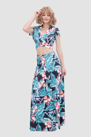 Sonicelife-V-neck Printed Waist-revealing Two-piece Dress