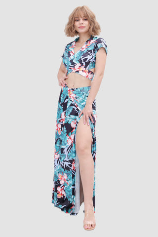 Sonicelife-V-neck Printed Waist-revealing Two-piece Dress