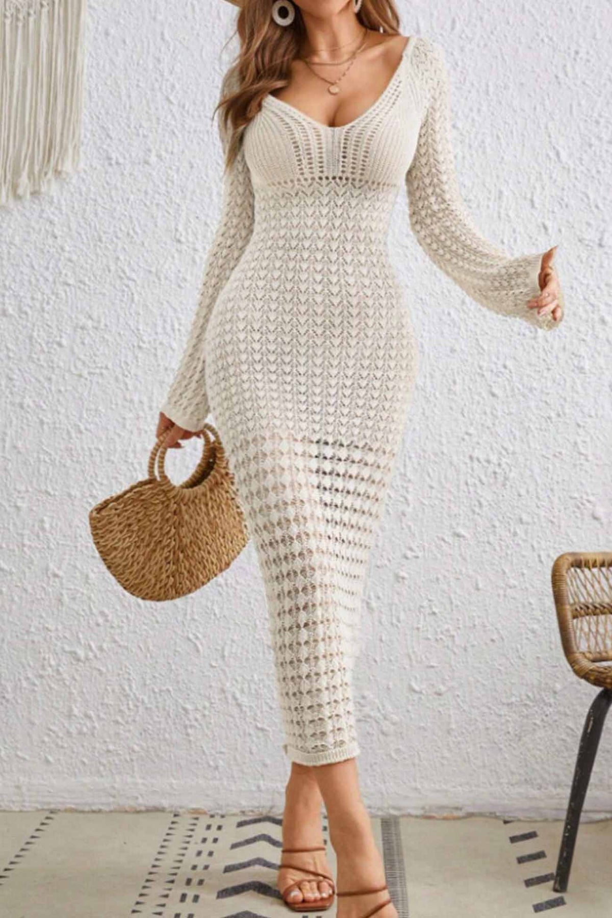 Sonicelife V Neck Knitted Cutout Bodycon Midi Dress