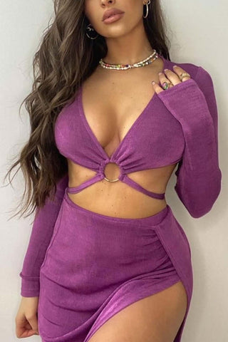 Sonicelife-V Neck Ring Strappy Crop Top Slit Skirt Set