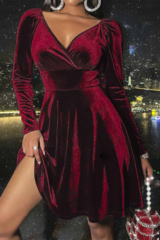 Sonicelife hoco dresses Velvet Deep V Neck Long Sleeve Mini Dress