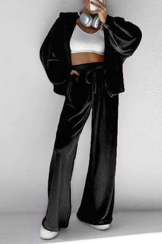 Sonicelife Velvet Hooded Zipper Pocket Two-Piece Set