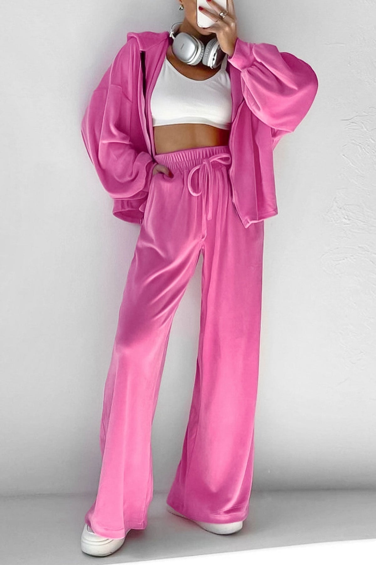 Sonicelife Velvet Hooded Zipper Pocket Two-Piece Set