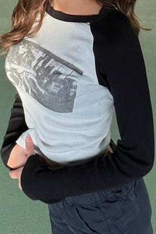 Sonicelife-Vintage Printed Contrast Long Sleeve Tops