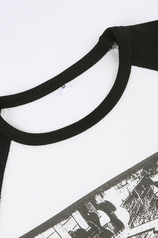 Sonicelife-Vintage Printed Contrast Long Sleeve Tops