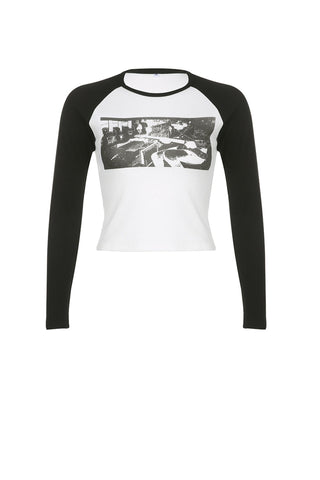 Sonicelife-Vintage Printed Contrast Long Sleeve Tops