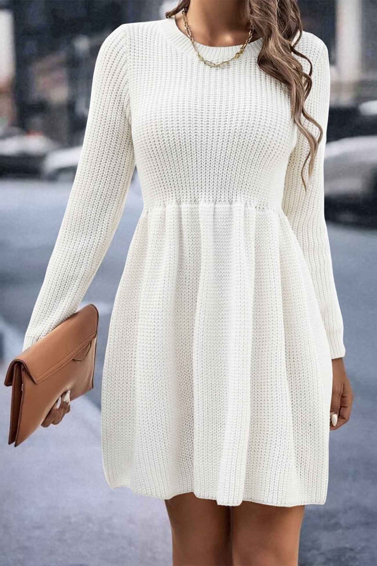 Sonicelife hoco dresses Solid Color Shirring Long Sleeve Knitted Dress