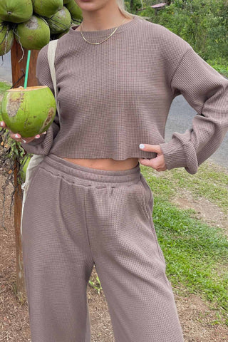 Sonicelife-Waffle Solid Sweatshirt Long Pants Set