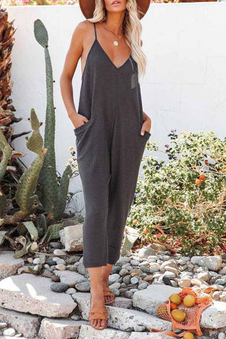 Sonicelife-Waffle V Neck Spaghetti Straps Jumpsuits