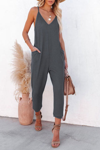 Sonicelife-Waffle V Neck Spaghetti Straps Jumpsuits