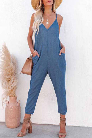 Sonicelife-Waffle V Neck Spaghetti Straps Jumpsuits