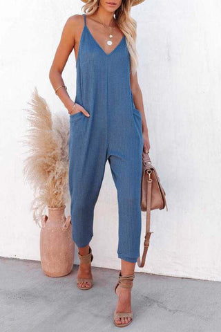 Sonicelife-Waffle V Neck Spaghetti Straps Jumpsuits