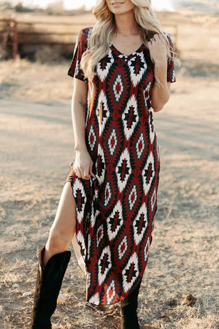 Sonicelife-Western Printed Short Sleeve Slit Dress