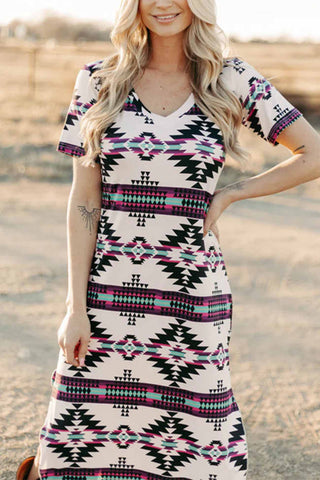Sonicelife-Western Printed Short Sleeve Slit Dress