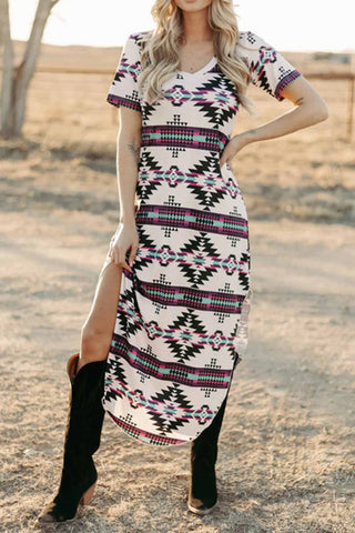 Sonicelife-Western Printed Short Sleeve Slit Dress