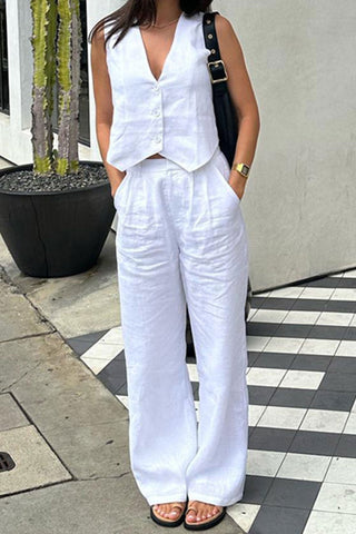 Sonicelife-White Button Down Tank Top Long Pants Set