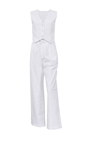 Sonicelife-White Button Down Tank Top Long Pants Set