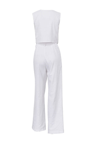 Sonicelife-White Button Down Tank Top Long Pants Set