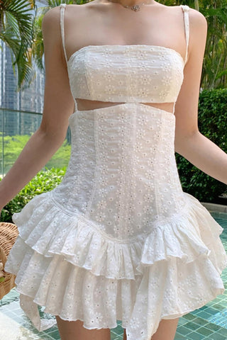 Sonicelife hoco dresses White Jacquard Cutout Ruffle Dress