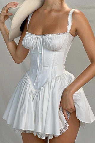 Sonicelife hoco dresses White Lace Stitching Strappy Ruched Cami Dress