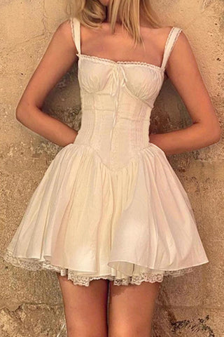 Sonicelife hoco dresses White Lace Stitching Strappy Ruched Cami Dress