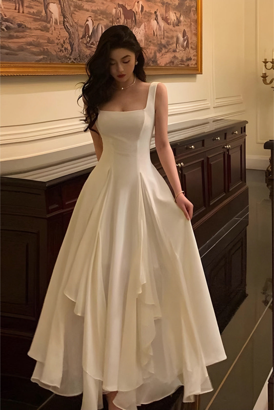 Sonicelife White Tiered Asymmetric Square Neckline A-line Dress