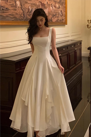 Sonicelife White Tiered Asymmetric Square Neckline A-line Dress