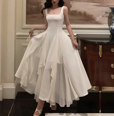 Sonicelife White Tiered Asymmetric Square Neckline A-line Dress