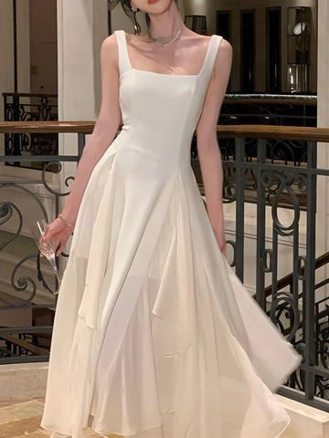 Sonicelife White Tiered Asymmetric Square Neckline A-line Dress
