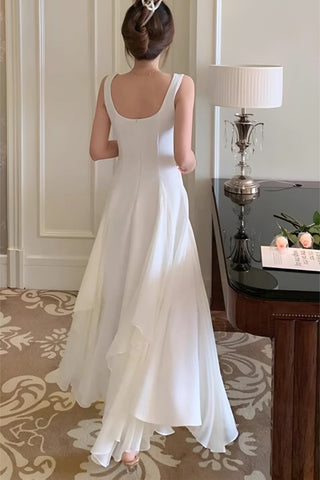 Sonicelife White Tiered Asymmetric Square Neckline A-line Dress