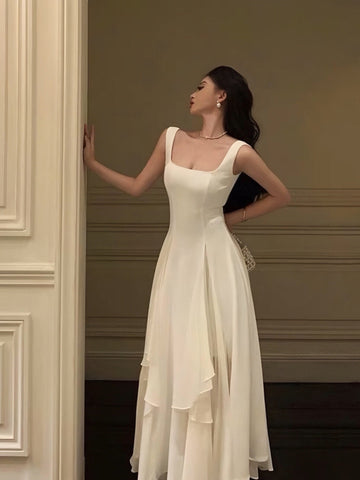 Sonicelife White Tiered Asymmetric Square Neckline A-line Dress