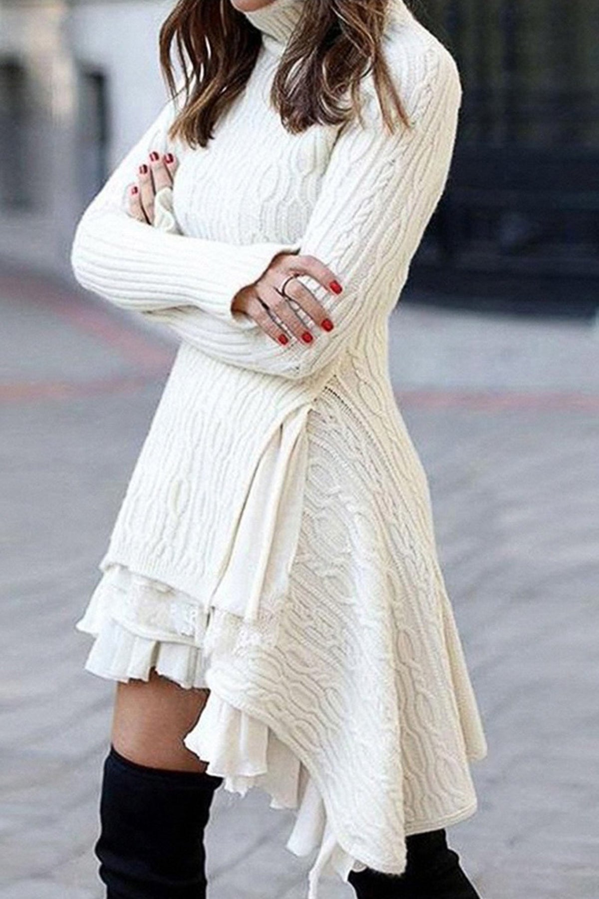 Sonicelife hoco dresses-White Turtleneck Cable Knit Ruffled Mini Dress