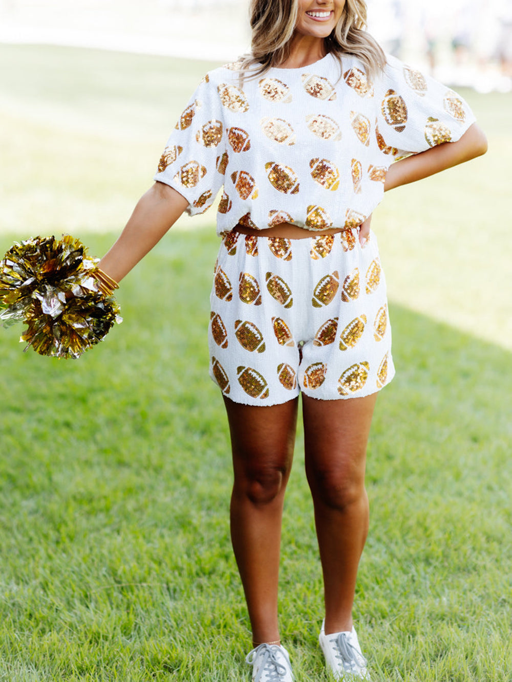 Sonicelife-White And Gold Sequin Football Short Set