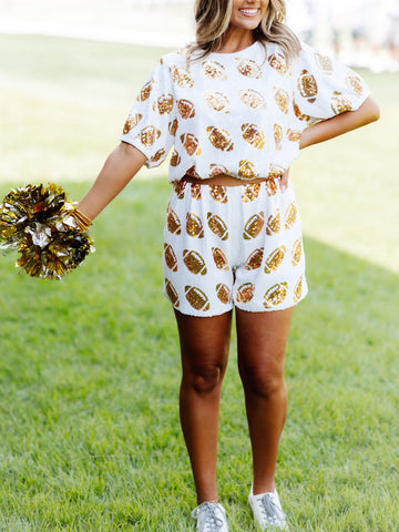 Sonicelife-White And Gold Sequin Football Short Set