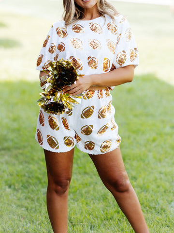 Sonicelife-White And Gold Sequin Football Short Set