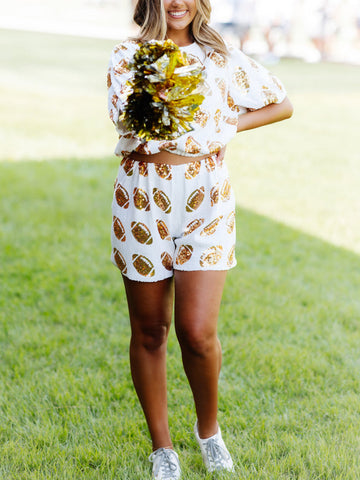 Sonicelife-White And Gold Sequin Football Short Set